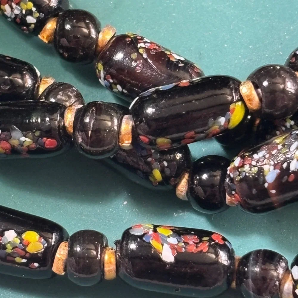VTG Venetian or‎ Murano Black Glass Confetti Bead Necklace Multicolor